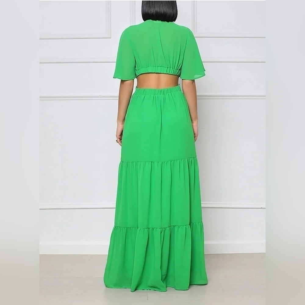 Lilly's Kloset Green Chiffon Temperament Low-cut Waist Dress Short Sleeve Sz. L - Picture 2 of 9